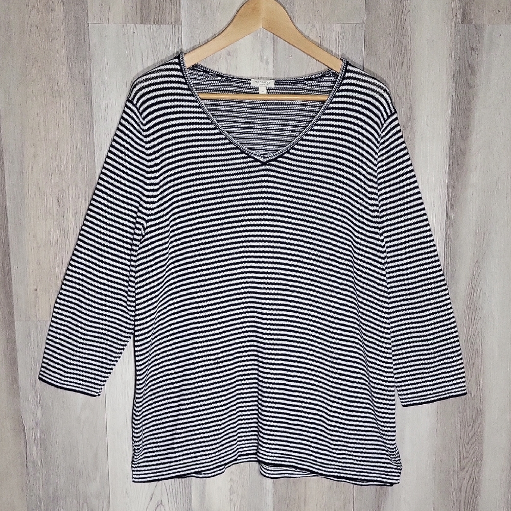 Talbots Womens 2X Linen Blouse 3/4 Sleeve Navy White Stripe Knit V Neck